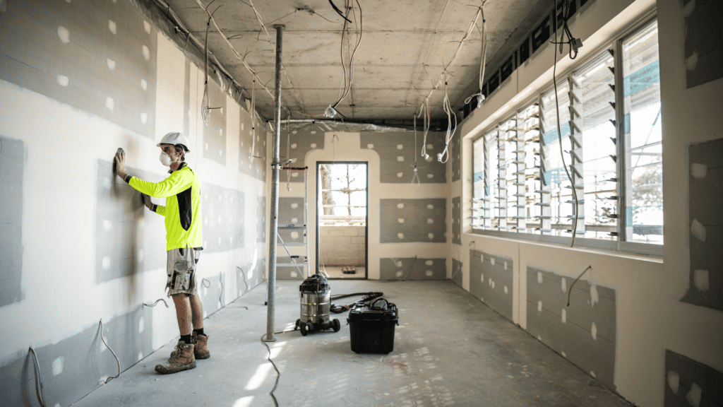 A plasterer wears a filtered mask while working to protect from toxic silica dust.