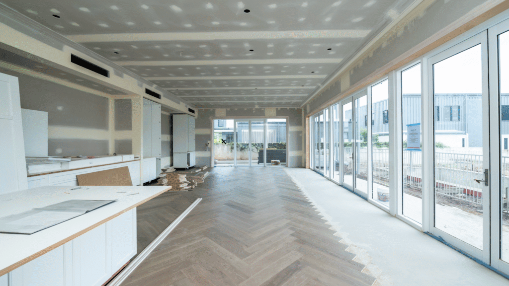 Interior of a commercial space featuring expansive glass windows and contemporary design elements.