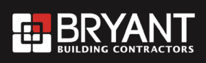 Logo for Bryant Building Contractors featuring white geometric shapes with a red square and the company name in bold white text on a black background, highlighting their reputation as Local Expert Plasterers.