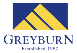 Logo with three yellow parallelograms forming a stylized triangle on a blue background, with the text 