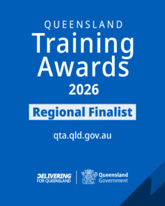 Queensland Training Awards 2026 Regional Finalist announcement featuring Commercial plastering & carpentry Brisbane, with website link, Queensland Government logos, and a blue background.