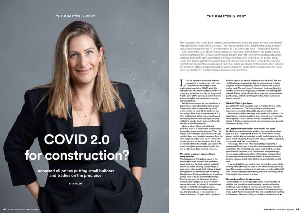 A woman in a black blazer sits and smiles at the camera. Text beside her reads, “COVID 2.0 for construction? Increased oil prices putting small builders and tradies on the precipice.”.